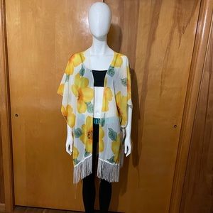 Sax Floral Kimono Wrap Fringe Size One Size